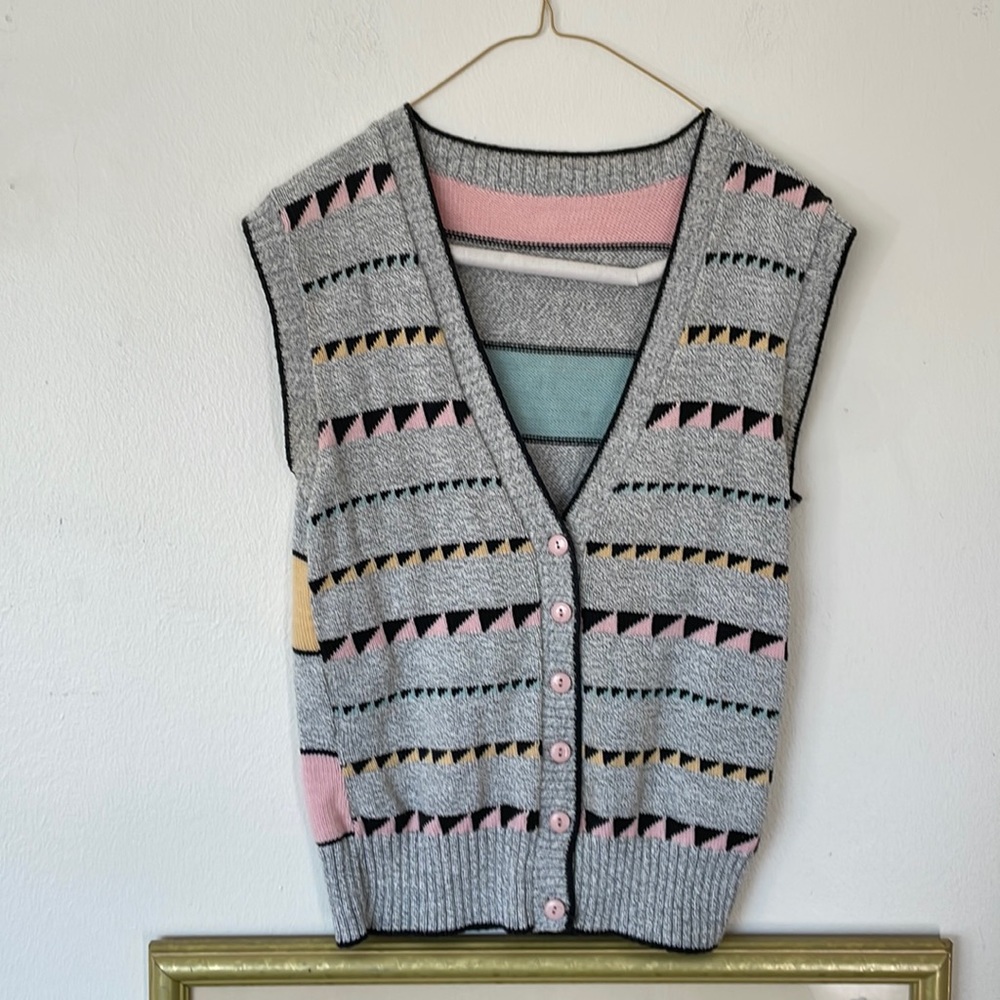 Vintage gray and pastel yellow blue pink black sweater button up vest